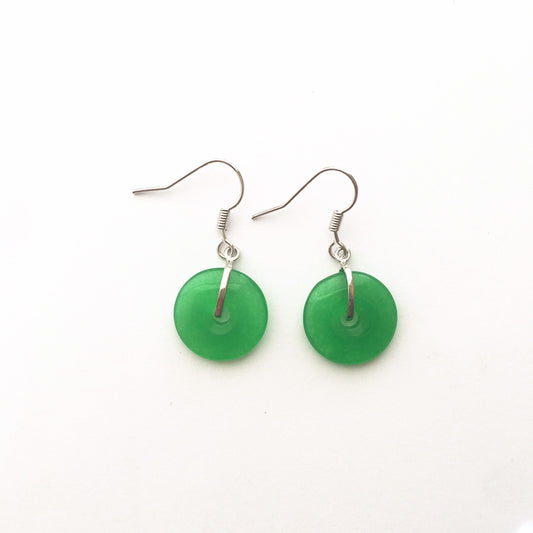 White Gold Plated Green Circle Donut Jade dangle earrings