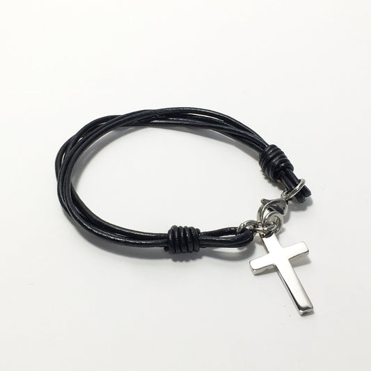 Black Leather Stainless Steel Cross Bracelet For women, For men