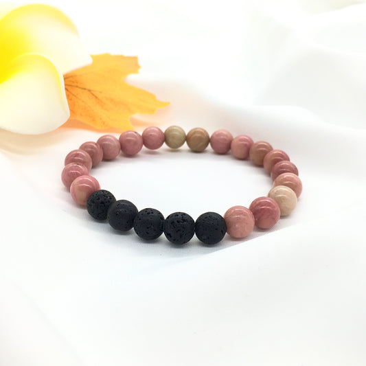 Rhodonite and Lava stone Beaded Elastic Bracelet, 8mm gemstone beaded