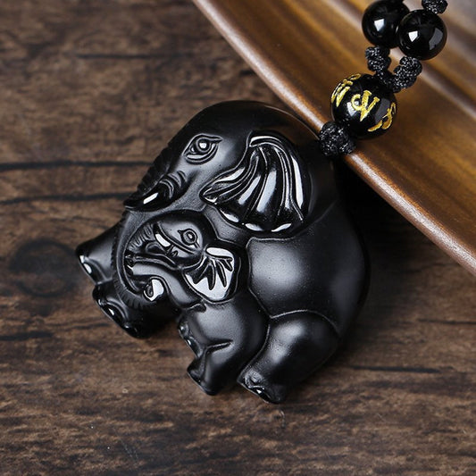 Natural Black Obsidian Carved Elephant Amulet Pendant Necklace, Mother and Baby Elephant Consecrate pendant, Lucky Gift