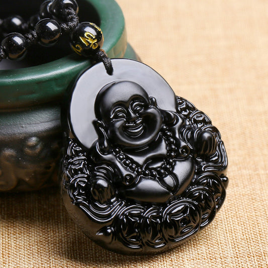 Natural Black Obsidian Carved Laughing Buddha Amulet Pendant Necklace, Buddhism Consecrate Pendant, Lucky Gift