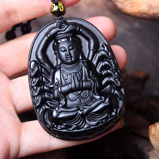 Natural Black Obsidian Thousand-Hand Guanyin Buddha Amulet Pendant Necklace, Lucky Gift