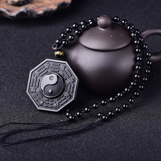 Natural Black Obsidian Carved Tai Chi Amulet Pendant Necklace, Consecrate pendant, Lucky Gift