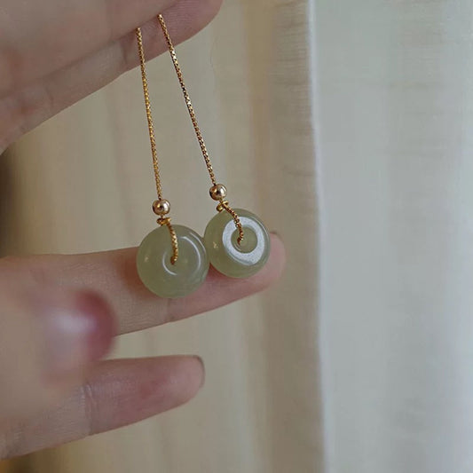 Gold Plated Hetian Jade Donuts Pendant Earrings, Minimalist Circle Jade Drop Earrings, Lucky Gift