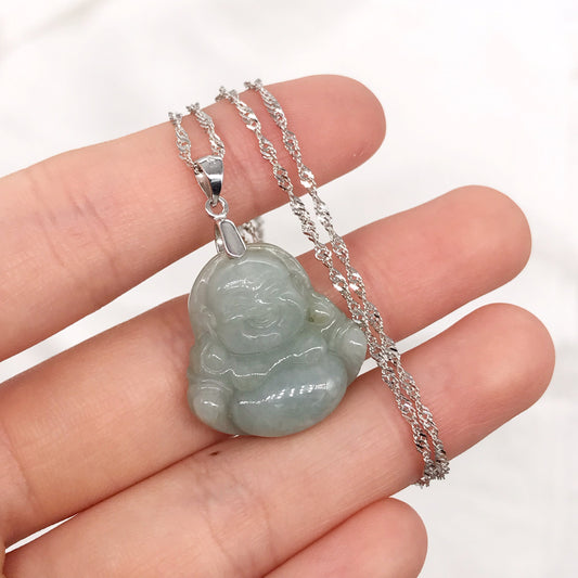 925 Sterling Silver Natural Jade Laughing Buddha Pendant Necklace