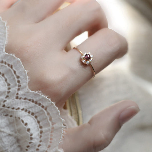 Gold Plated Pearls Garnet Flower Design Stacking Ring