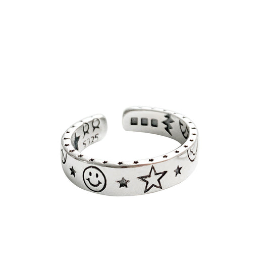 925 Sterling Silver Smiley Face Star Adjustable Open Band Ring