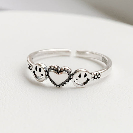 925 Sterling Silver Smiley Face Heart Shape Adjustable Open Band Ring