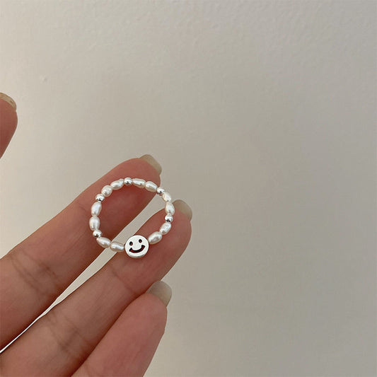 925 Sterling Silver Smiley Face Pearl Beaded Rings, Lucky Happy Face Ring