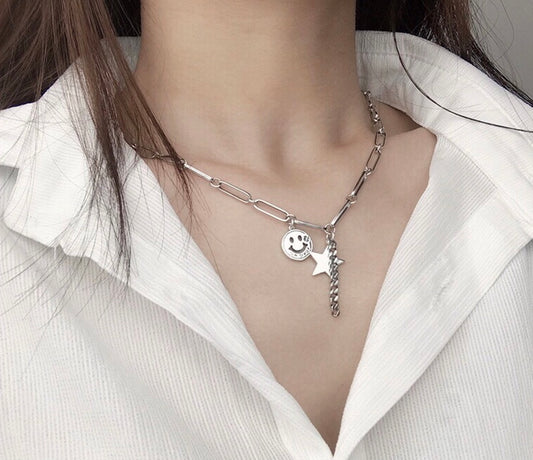 925 Sterling Silver Smiley Face Star Chain Necklace