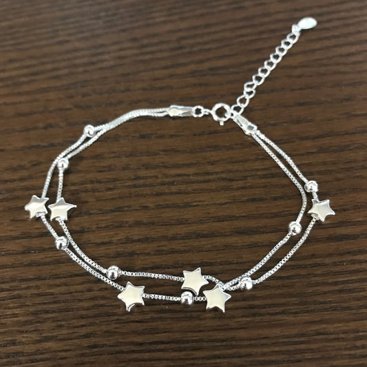 Sterling Silver Tiny Little Stars and Ball Charm Adjustable Box chain Bracelet