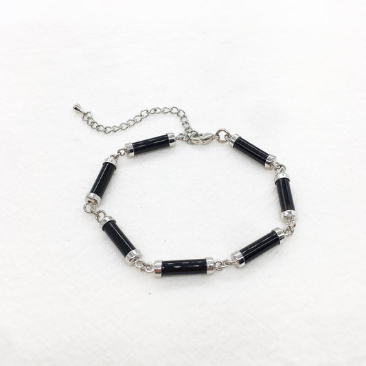 Black Obsidian Link Bracelet, White gold plated