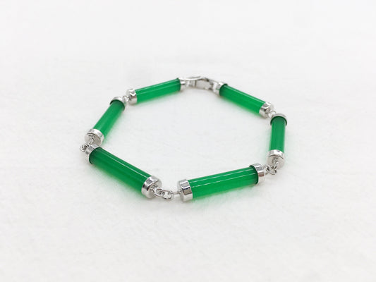 Bamboo Green Jade Link Bracelet, White Gold Plated