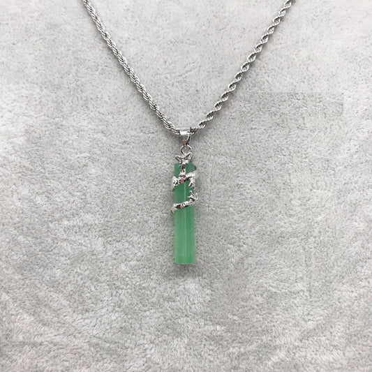 Silver Tone Pea Green Jade Dragon Pendant Necklace,   Stainless Steel  Rope Chain