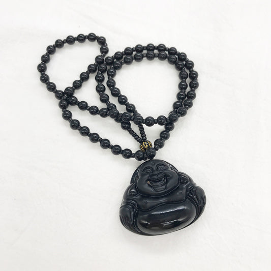 Black Obsidian laughing happy Buddha Pendant Necklace, Obsidian beaded necklace